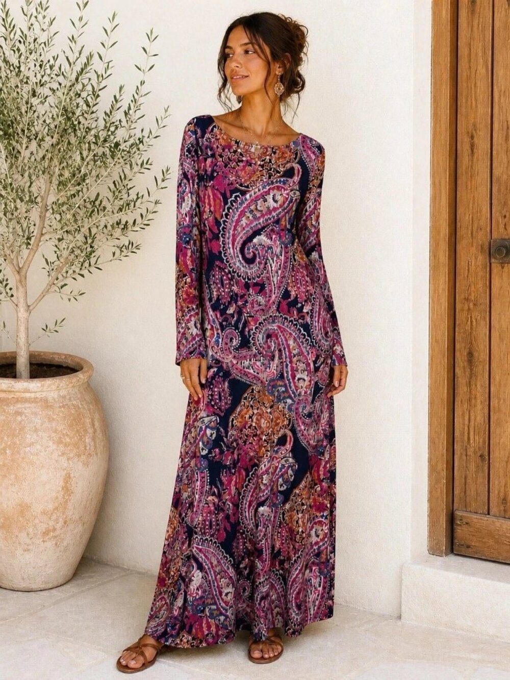NWT Chico's 3/US XL Brushed Paisley Maxi Dress Midnight Long Sleeve Slinky Knit